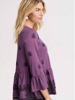 J Jill Pure Jill Embroidered Purple Peasant Boho Babydoll Top Petite M